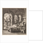 Sick man is lonely in bed while outside two men walking past by Pieter Arentsz & Cornelis van der Sys II