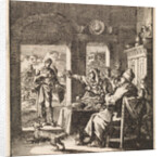 Family makes dismissive gestures to a poor man who asks for help by Cornelis van der Sys II