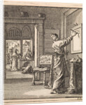 Man writing from right to left on a slate wall by Pieter Arentsz & Cornelis van der Sys II