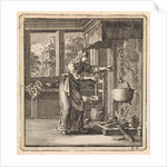 Woman reaches for the chain from a pot that hangs high above the fire by Pieter Arentsz & Cornelis van der Sys II
