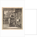 Woman reaches for the chain from a pot that hangs high above the fire by Pieter Arentsz & Cornelis van der Sys II