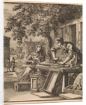 A man sands wood in front of the facade of a house by Pieter Arentsz & Cornelis van der Sys II