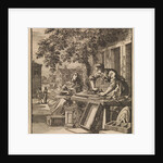 A man sands wood in front of the facade of a house by Pieter Arentsz & Cornelis van der Sys II