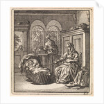 Woman next to a cradle with a baby by Cornelis van der Sys II