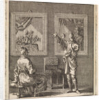 Young man talks about the paintings hanging behind him by Pieter Arentsz & Cornelis van der Sys II