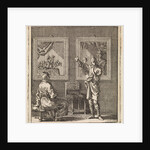 Young man talks about the paintings hanging behind him by Pieter Arentsz & Cornelis van der Sys II