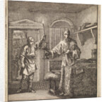 Man places a burning candle in the candlestick by Cornelis van der Sys II