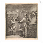 Man places a burning candle in the candlestick by Cornelis van der Sys II