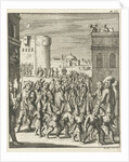 Procession of the shoemaker guild at Aleppo, preceded by a group of guys with paper pointed hats by Jan Luyken