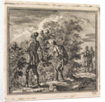 Armored man and half-naked man trying to walk through a pricklebush by Cornelis van der Sys II