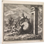Before a narrow gate a few men rest near a globe by Cornelis van der Sys II
