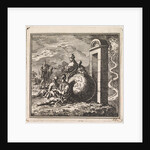 Before a narrow gate a few men rest near a globe by Cornelis van der Sys II