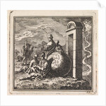Before a narrow gate a few men rest near a globe by Cornelis van der Sys II