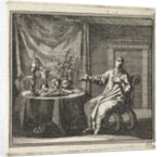 Woman pointing at the vanitas symbols on the table before her by Pieter Arentsz & Cornelis van der Sys II