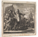Conversation in a harbour between a man with a globe in his hands and a poorly dressed man with treasures by Pieter Arentsz & Cornelis van der Sys II