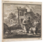 Poor man kneels between pigs and takes food from a vessel in the shape of the world by Cornelis van der Sys II