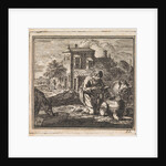 Poor man kneels between pigs and takes food from a vessel in the shape of the world by Cornelis van der Sys II