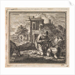 Poor man kneels between pigs and takes food from a vessel in the shape of the world by Cornelis van der Sys II