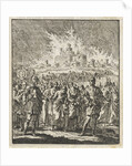 Israelites leave Jerusalem, which is burning by Barent Visscher