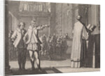 Young man pointing to a priest at the altar by Christoph Weigel