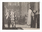 Young man pointing to a priest at the altar by Christoph Weigel