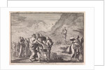 Moses received the law tables and displays them to the people by Pieter Mortier