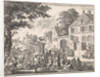 Monk preaching from a pulpit in front of an inn by Jan Luyken