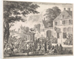 Monk preaching from a pulpit in front of an inn by Jan Luyken