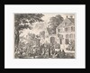 Monk preaching from a pulpit in front of an inn by Jan Luyken