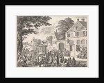 Monk preaching from a pulpit in front of an inn by Jan Luyken