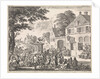 Monk preaching from a pulpit in front of an inn by Jan Luyken