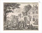 Monk preaching from a pulpit in front of an inn by Jan Luyken