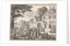 Monk preaching from a pulpit in front of an inn by Jan Luyken