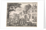 Monk preaching from a pulpit in front of an inn by Jan Luyken
