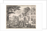 Monk preaching from a pulpit in front of an inn by Jan Luyken