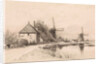 Houses and two windmills along a river by Elias Stark