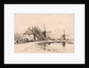 Houses and two windmills along a river by Elias Stark