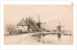 Houses and two windmills along a river by Elias Stark