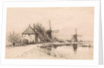 Houses and two windmills along a river by Elias Stark