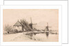 Houses and two windmills along a river by Elias Stark