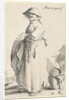 Woman with towel on her arm behind her basket on the ground by Salomon Savery