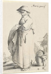 Woman with towel on her arm behind her basket on the ground by Salomon Savery