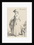 Woman with towel on her arm behind her basket on the ground by Salomon Savery