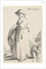 Woman with towel on her arm behind her basket on the ground by Salomon Savery