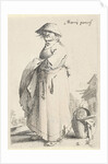 Woman with towel on her arm behind her basket on the ground by Salomon Savery