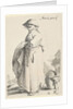 Woman with towel on her arm behind her basket on the ground by Salomon Savery
