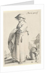 Woman with towel on her arm behind her basket on the ground by Salomon Savery