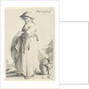 Woman with towel on her arm behind her basket on the ground by Salomon Savery