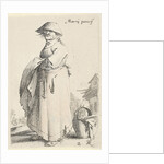 Woman with towel on her arm behind her basket on the ground by Salomon Savery