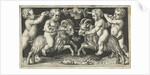 Two reclining angels lean on a skull by Nicolaes de Bruyn